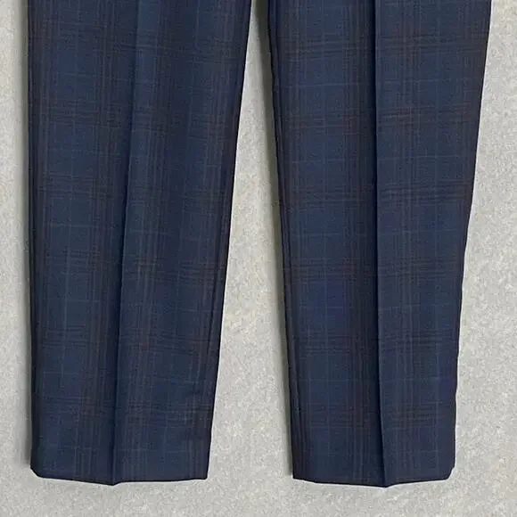Tallia Men's 30x30 Suit Pant Vane Stretch Wool Blend Navy & Brown Check NEW